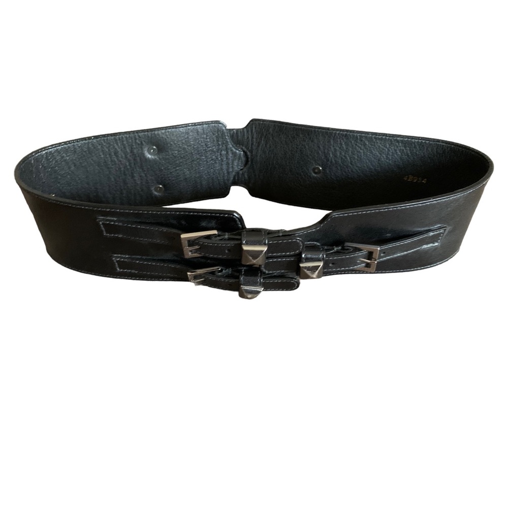 Oscar de la Renta Black Genuine Leather Gun Metal Stud Corset Belt Size Medium